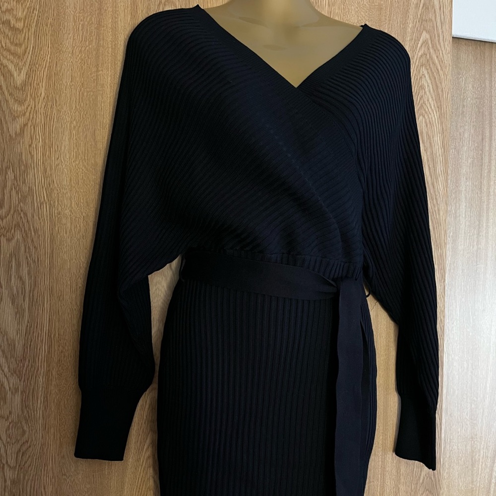 Ribbed knit belted sweater dress